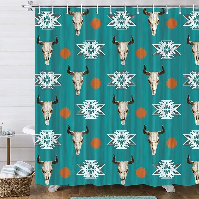 Western Bohemian Shower Curtain Tribal Bull Skull Geometric Beige Bathroom Decorative Shower Curtain with Hook