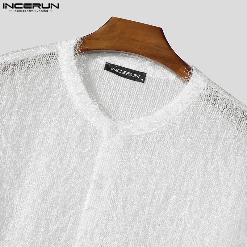 INCERUN Oversized Men 3/4 Sleeve Semi-Sheer Tassel Casual Loose Texture Shirts