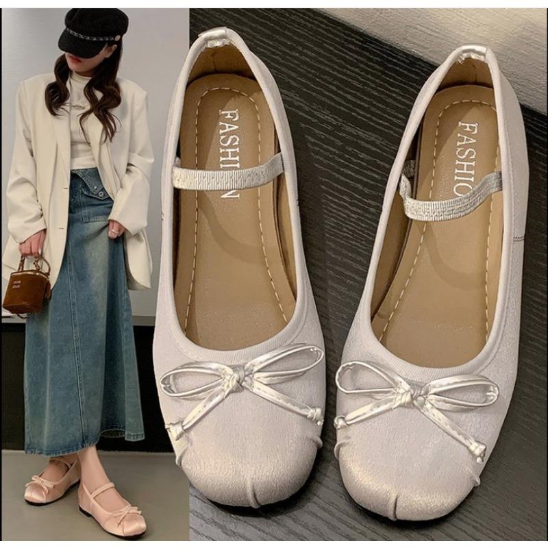 Fashion 2025Ballet Flats Women Shoes  Jane Shoes Round Toe  Bow Silk Satin Flats  Plus Size