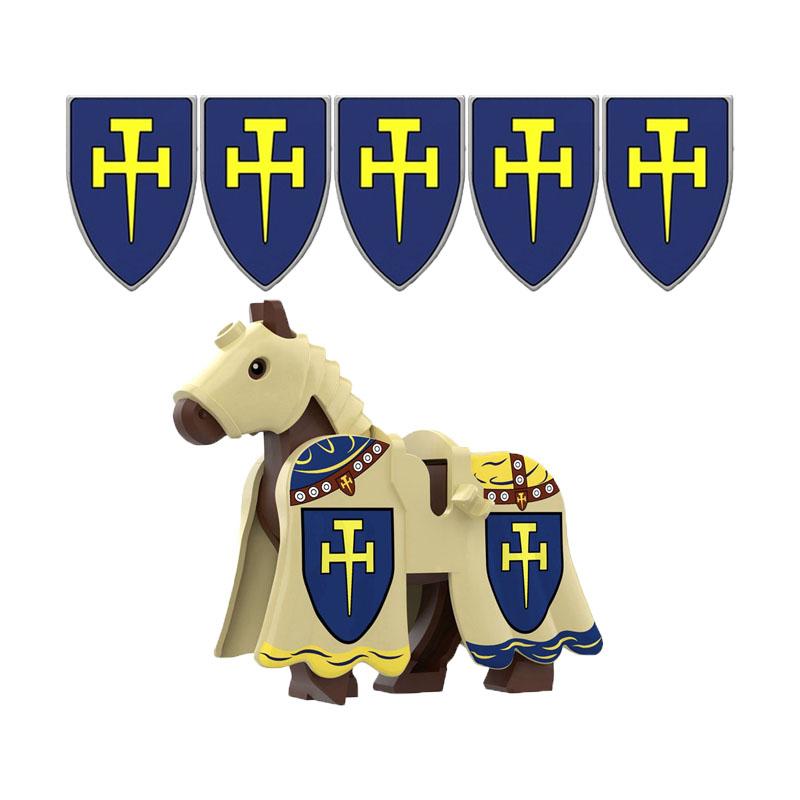 MOC Stavební kostky Středověké Vojenské Figurky Vojáků Rytíř Válečný kůň Halyard Vlajka Zvíře Sedlo Držák Mini Kostka Hračka Dárek X025