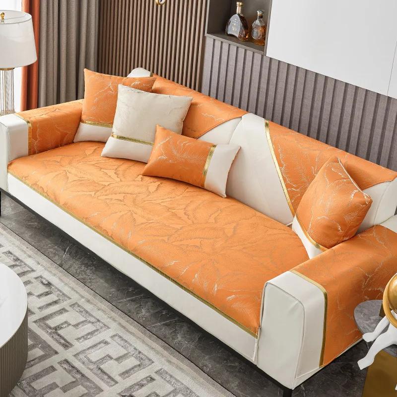 Жаккардовый чехол для дивана с золотой линией и белым краем — фото 7