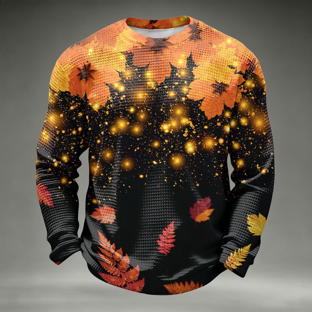 Men's Casual Fall Leaf Print Knit Neck Long Sleeve T-Shirt