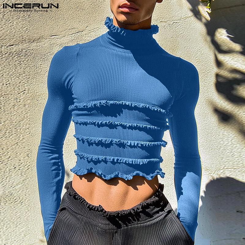 INCERUN Ανδρικά κοντό μπλουζάκια με ψηλό λαιμό και βολάν