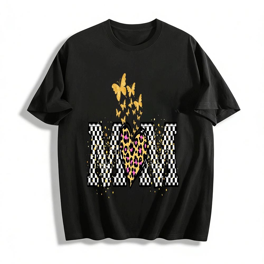 

Vintage Checkerboard Heart Butterfly MOM Print Casual Top Pure cotton T-shirt XXS