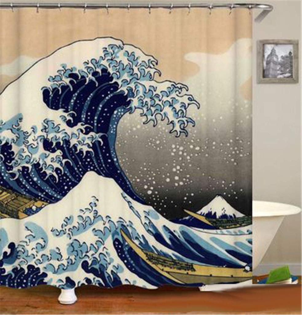 Japanese Ceramic Handicraft Waterproof Polyester Fabric Waterproof Polyester Fabric Bathroom Curtain 180 X 200cm with 12 Hooks