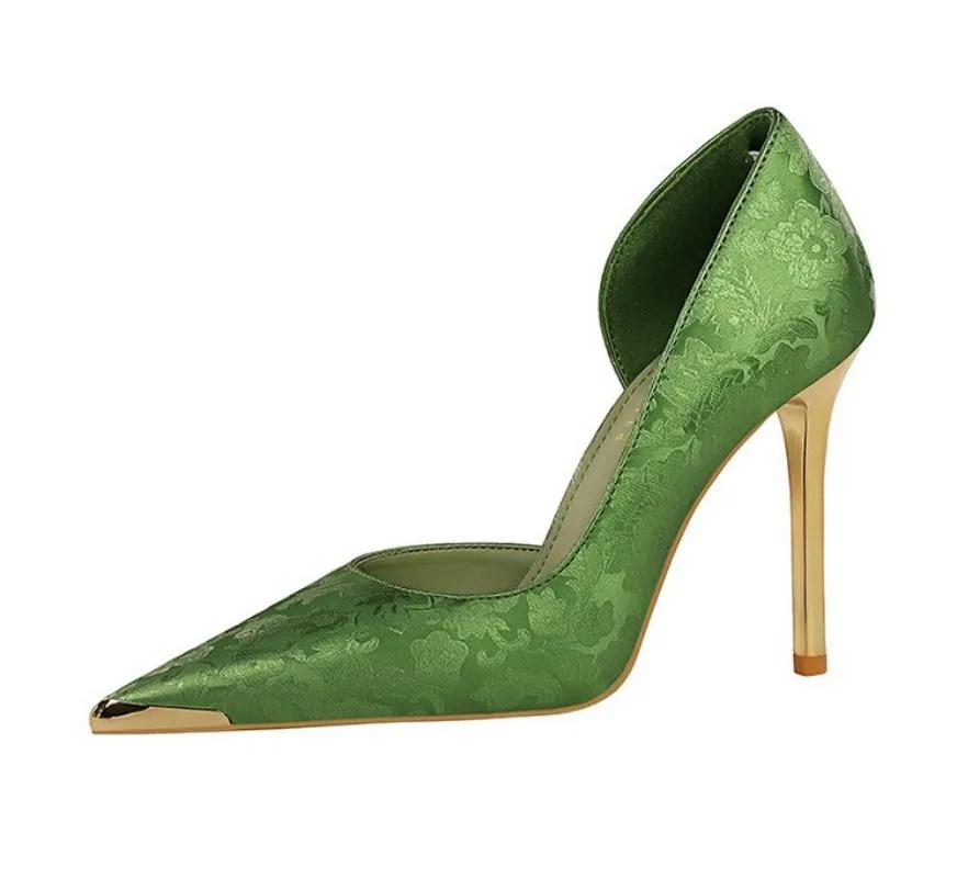 Style Women's Shoes 11cm High Heels Thin Heel Shallow Mouth Side Hollow Satin Metal Pointed Single Shoes DS-8626-1