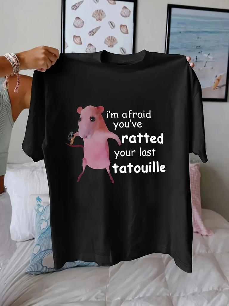 Vtipné Jsem si jistý, že jsi naprášil svou poslední Tatouille Růžová Krysa Grafické Tričko Černé Krátký Rukáv Kulatý Výstřih Ležérní Top