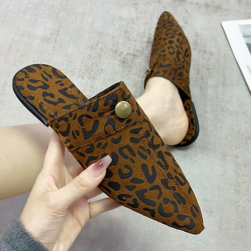 Leopard Women Slippers Flats Pointed Toe Mules Shoes Slingback Sandals Woman 2025 New Cowboy Designer Mujer De Zapatos