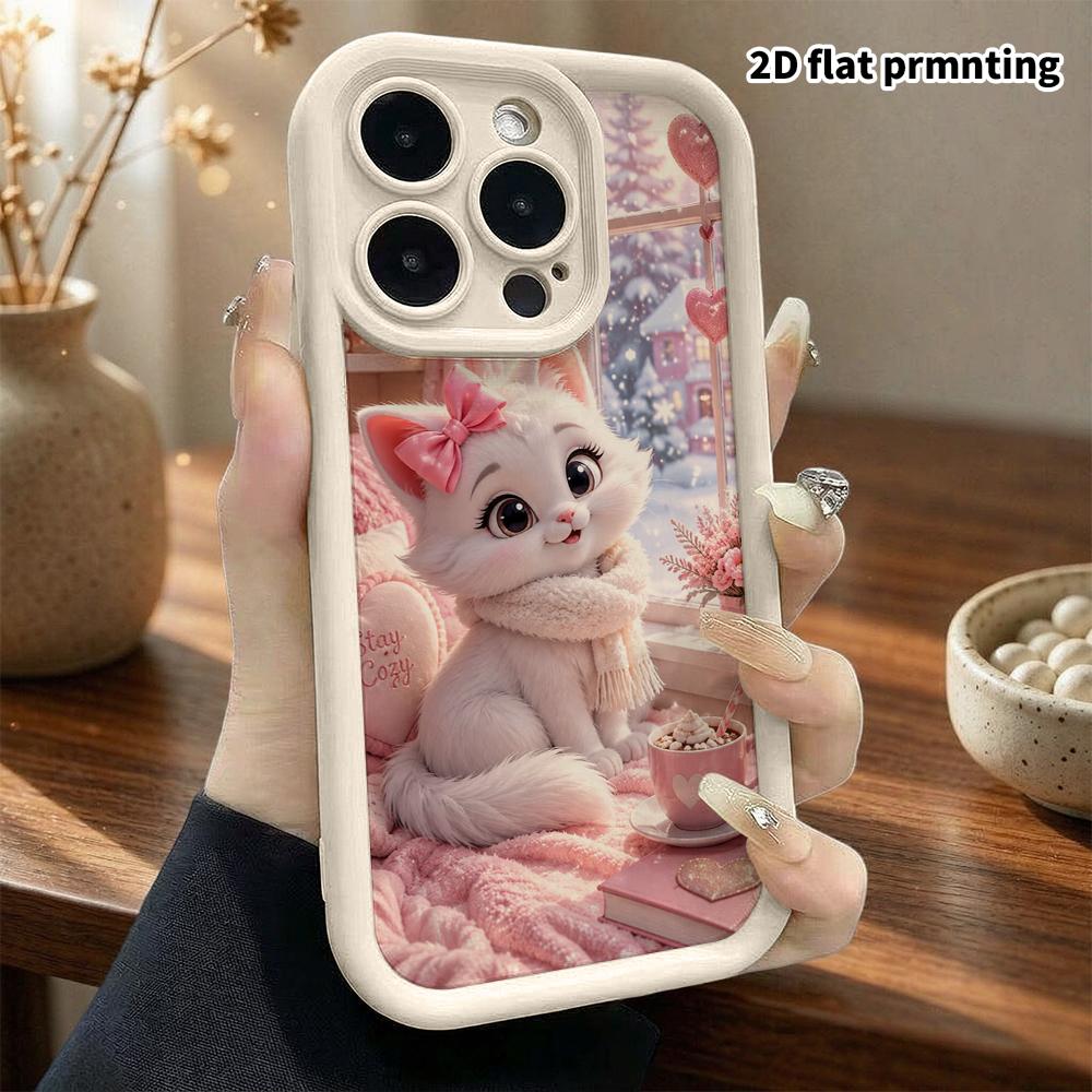 Phone Case: 2D Flat Design Suitable for iPhone 18, 17, 16, 15, 14, 13 Pro Stepped Protective Case, Little White Cat by the Winter Window, Christmas an