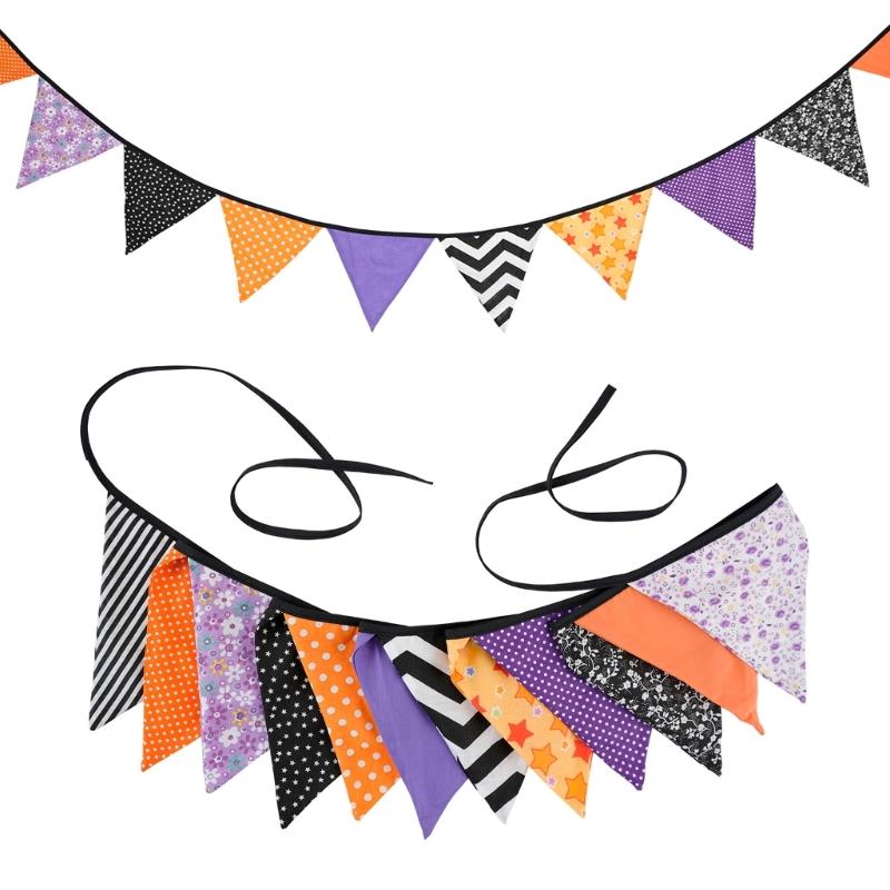 Colorful Halloween Triangular Flags Thanksgiving Cotton Fabric Pennant Bunting Banners for Schools Homes and Offices
