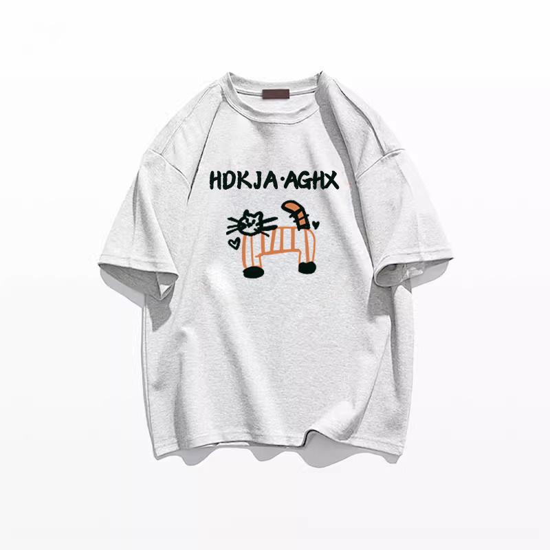 

Женская футболка из чистого хлопка с коротким рукавом белого цвета - Американский стиль, Прямое плечо, Летняя свободная посадка, Шикарный гонконгский дизайн L белый/серый