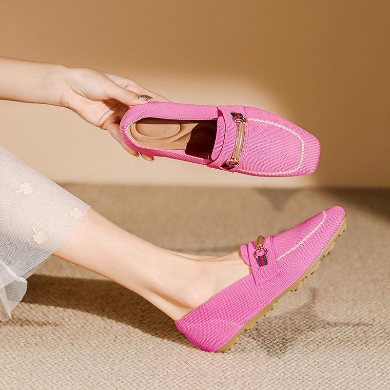 

Нові однотонні туфлі з квадратним носком на плоскій підошві, плетені з мушиного полотна, жіночі плетені туфлі на один педаль, великого розміру, туфлі Doudou 43 рожевий червоний колір