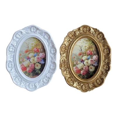 Decorative Oval Shape Portrait Photo Frame Resin Florals Relief Picture Holder with Back Clip Access for Living Room Wall Display