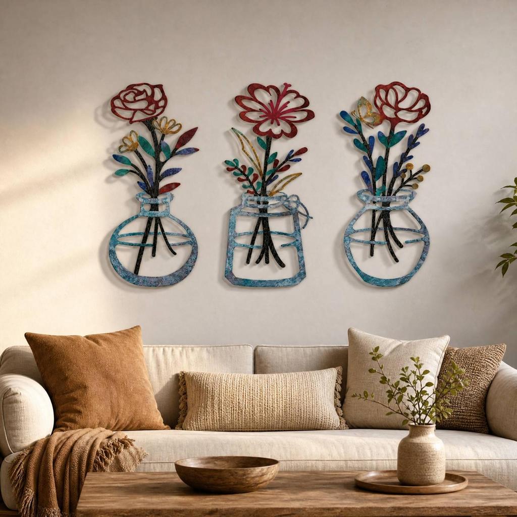3 Pieces Metal Wall Art with Floral Arrangement Botanical Openwork