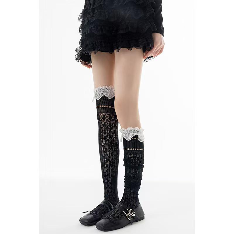 White Lace Flower Pattern Ruffled Calf Socks for Women - Ultra-Thin, Sexy, Sweet, Hollow, Long Boot Socks