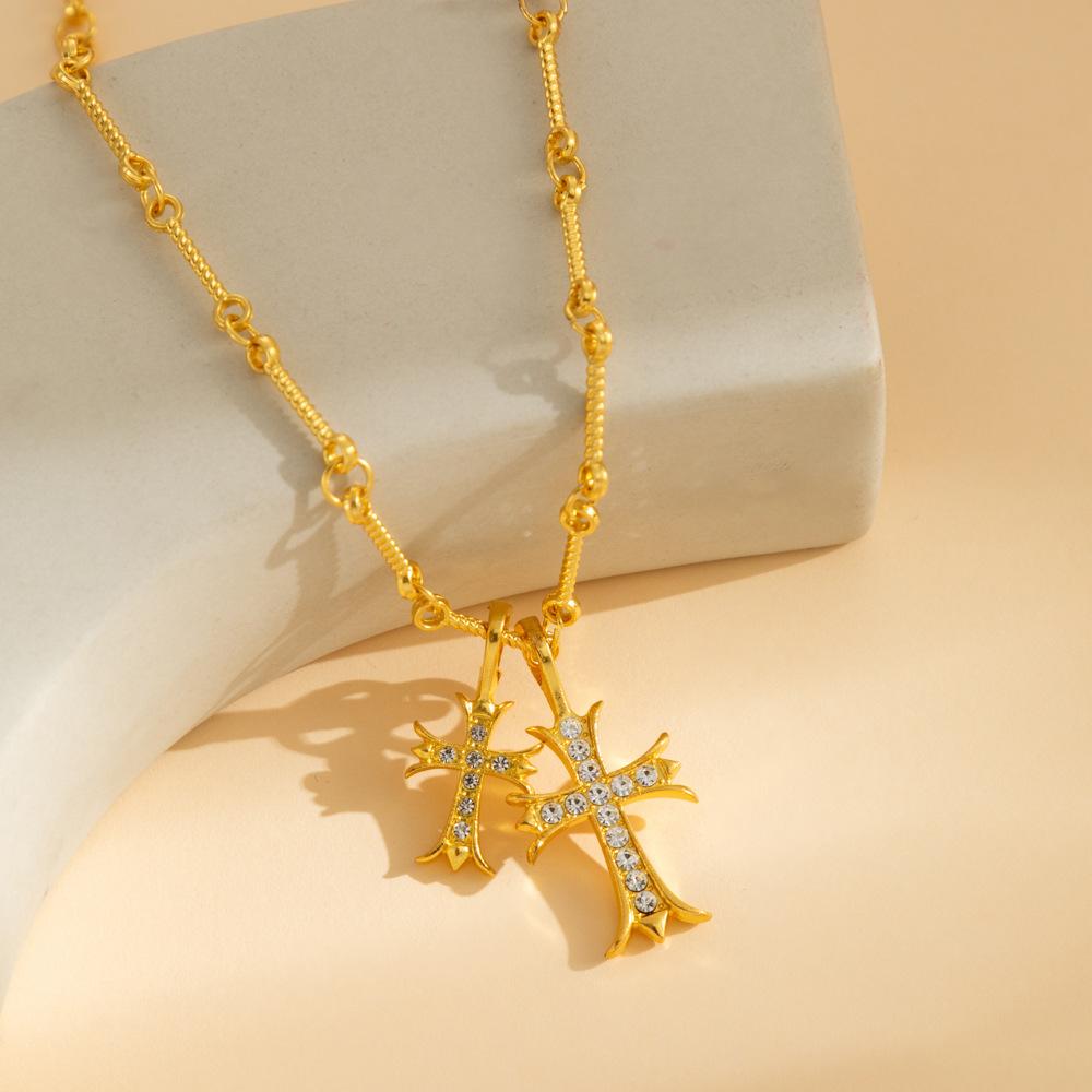 Full Diamond Double Cross Long Necklace Women's Trend High Sense Baroque Versatile Retro Sweater Chain