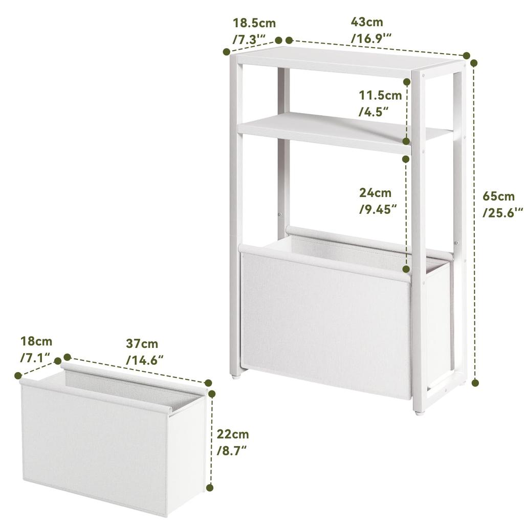 IBUYKE Slim Side Table with Cloth Bag and Storage 43cm x 18cm x 65cm 3 Bedside Magazine Small Magazine for Small Vintage Telephone Living White