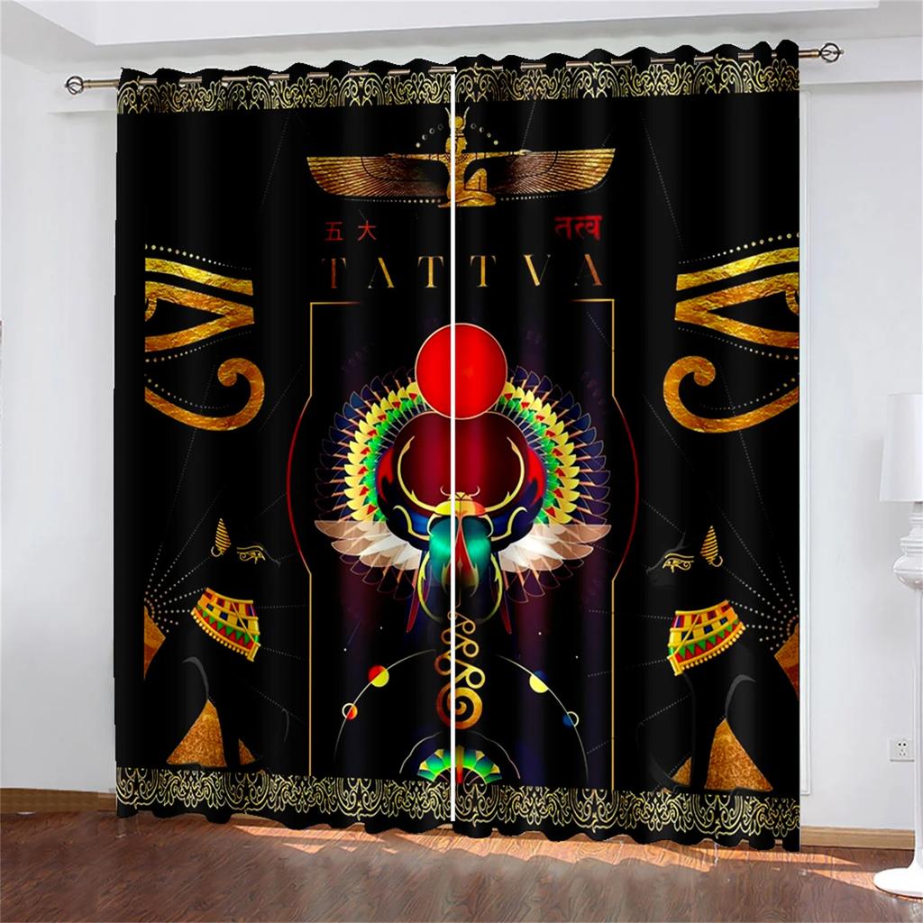 Ancient Egypt Eyes African Pharaoh Lion Black Gold Light Filtering Window Drapes For Living Space Bedroom Space Window Drape Decor