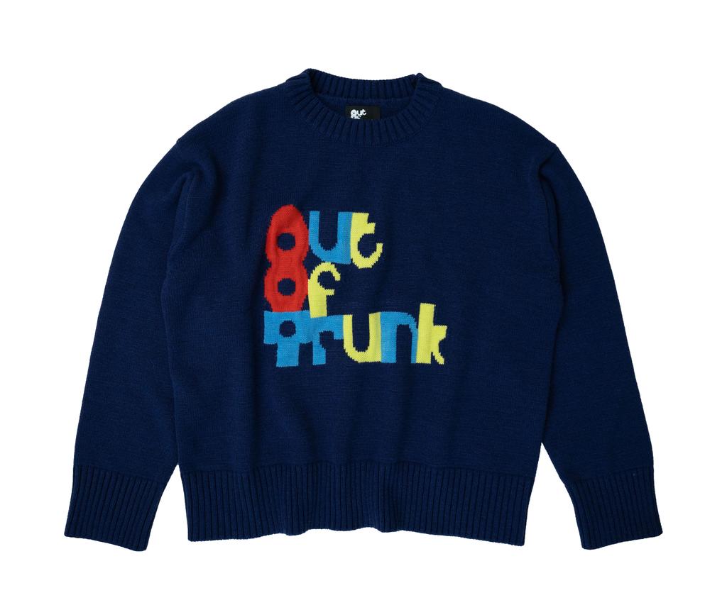 OUT OF TRUNK Block Logo Knit Sweater (Navy)