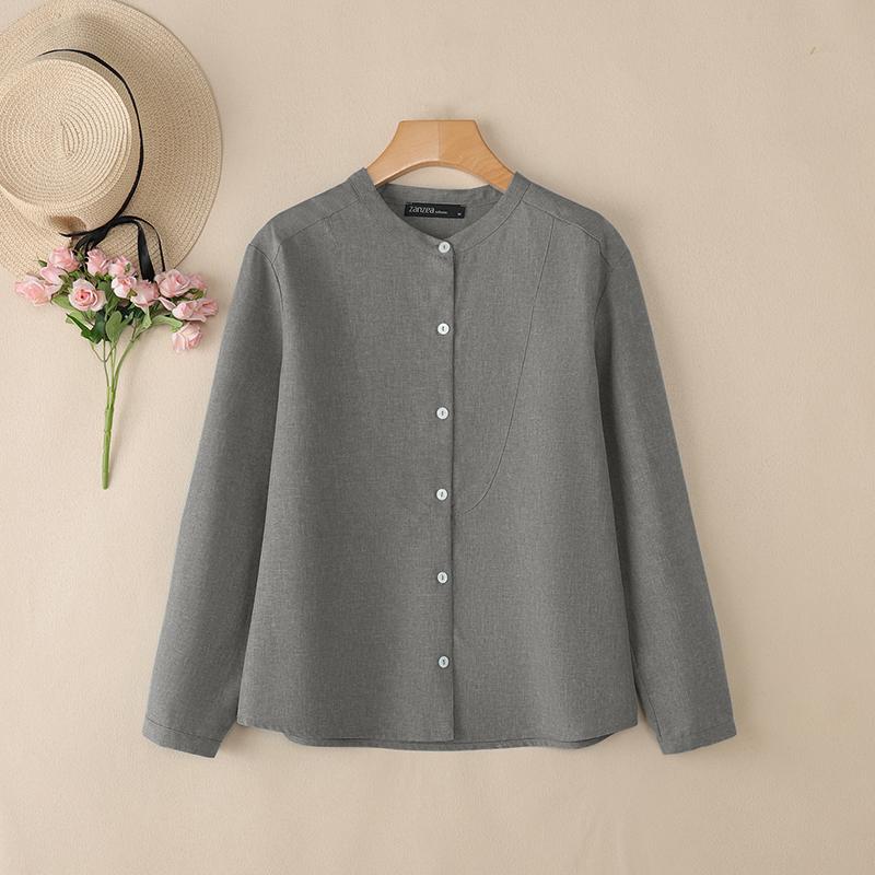 

ZANZEA Женская повседневная блузка с круглым вырезом, свободного кроя, с длинным рукавом, однотонная M серый