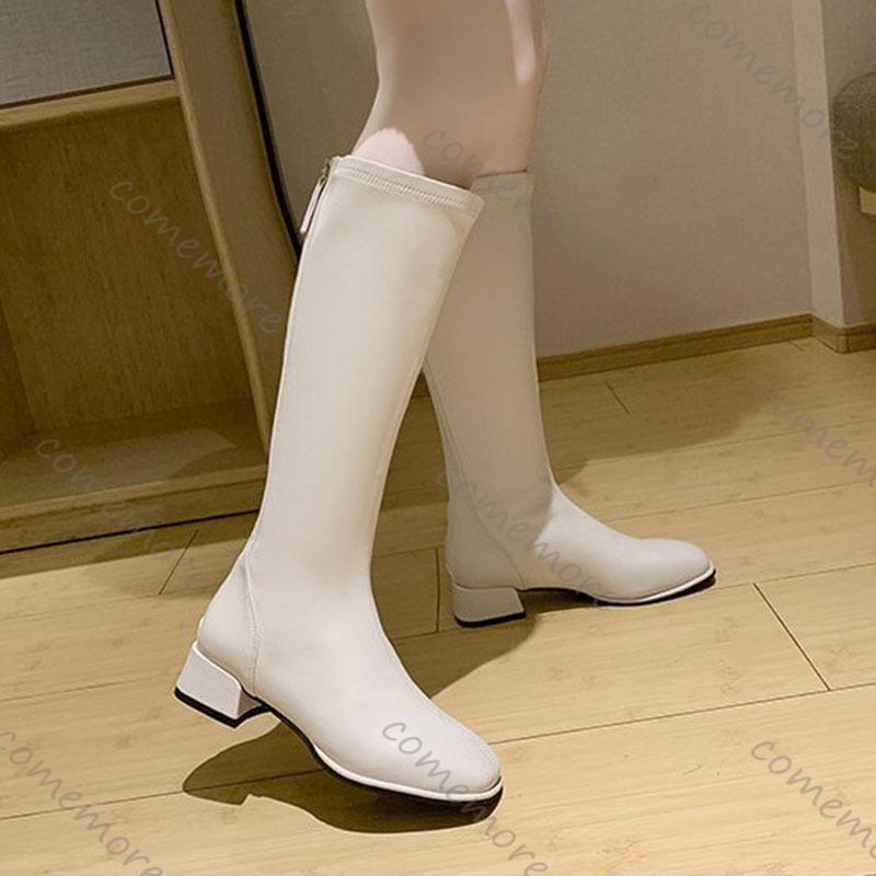 Fashion Comemore Thick Low Heel Knight Knee Boots Women Elegant Shoes Solid Color Spring Autumn Soft Leather Long Botas Large Size 43