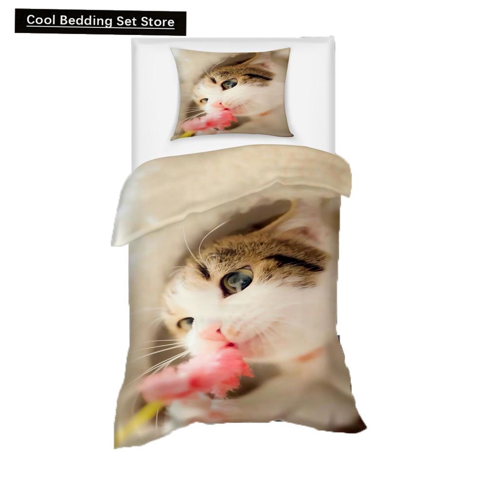 Super Cute Kitten Kids Bedding Set Kawaii Girl Quilt Cove King Queen Size Cat Animal 2/3pcs Polyester Duvet Cover (No Sheet)