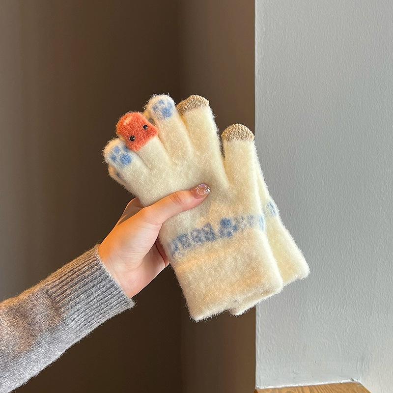 Gloves winter female ins cute thickened warm cold cycling student five fingers wool knitting autumn and winter