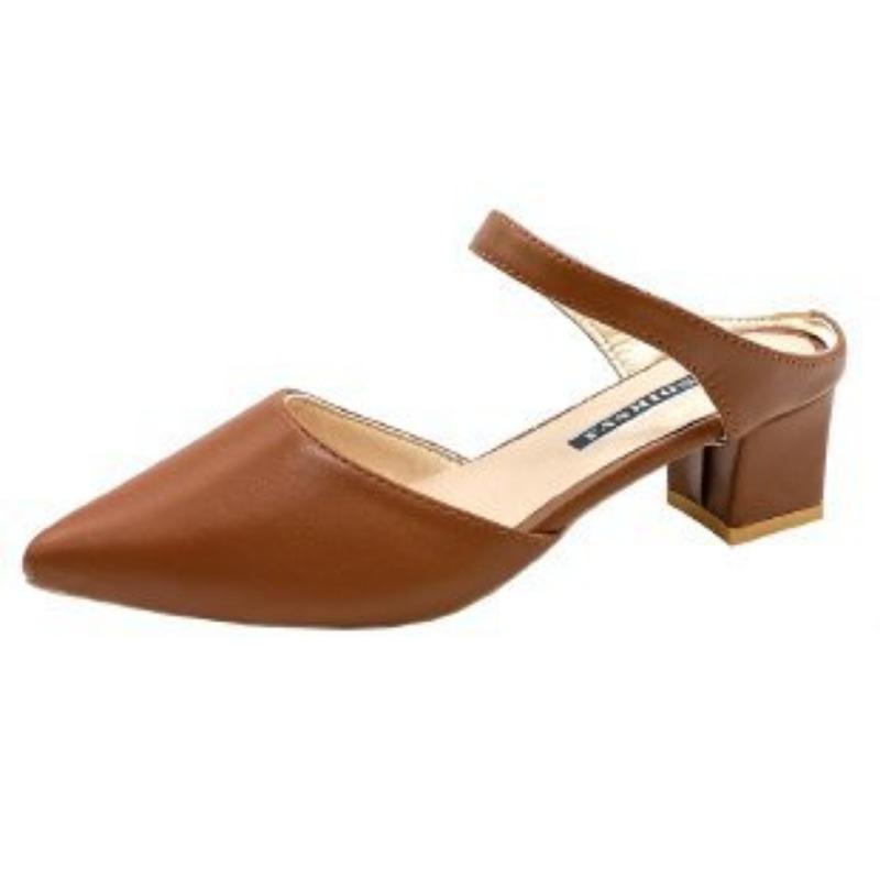 Spring and Summer Bag Head Medium Heel Cool Slippers Women Pointed Head Thick Heel Half Slippers Trendy Summer Sandals Women