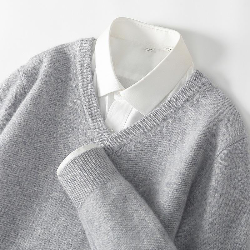 Men's 100% Wool V-Neck Sweater - Solid Color, Loose Fit, Long Sleeve Knitwear