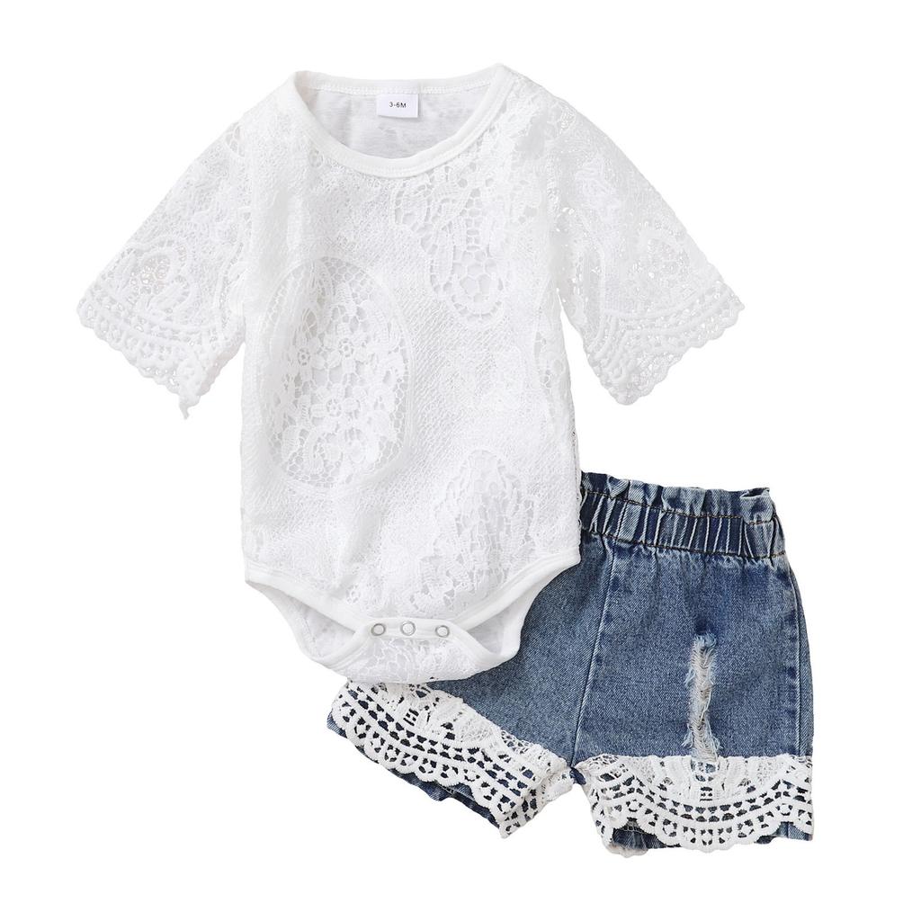 Newborn Infant Baby Girls Lace Romper Tops +Denim Jeans Shorts Outfit Sets
