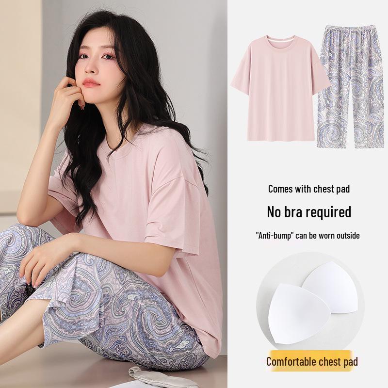 Women's Summer Modal Pajamas: Short Sleeve, Thin Style, with Chest Pads, Round Neck – Sweet Student Homewear