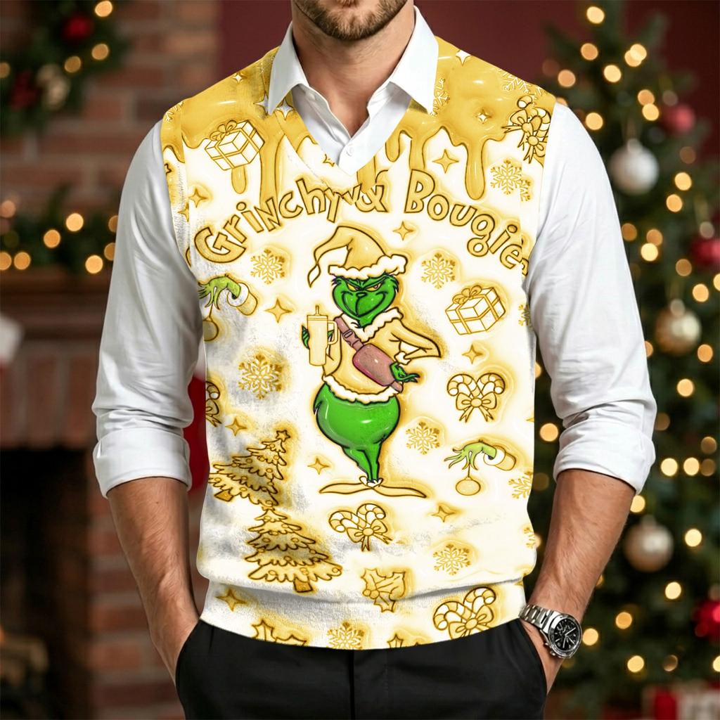 Men's Casual Wool V-Neck Sweater Vest with Christmas Print for Commute and Daily Wear