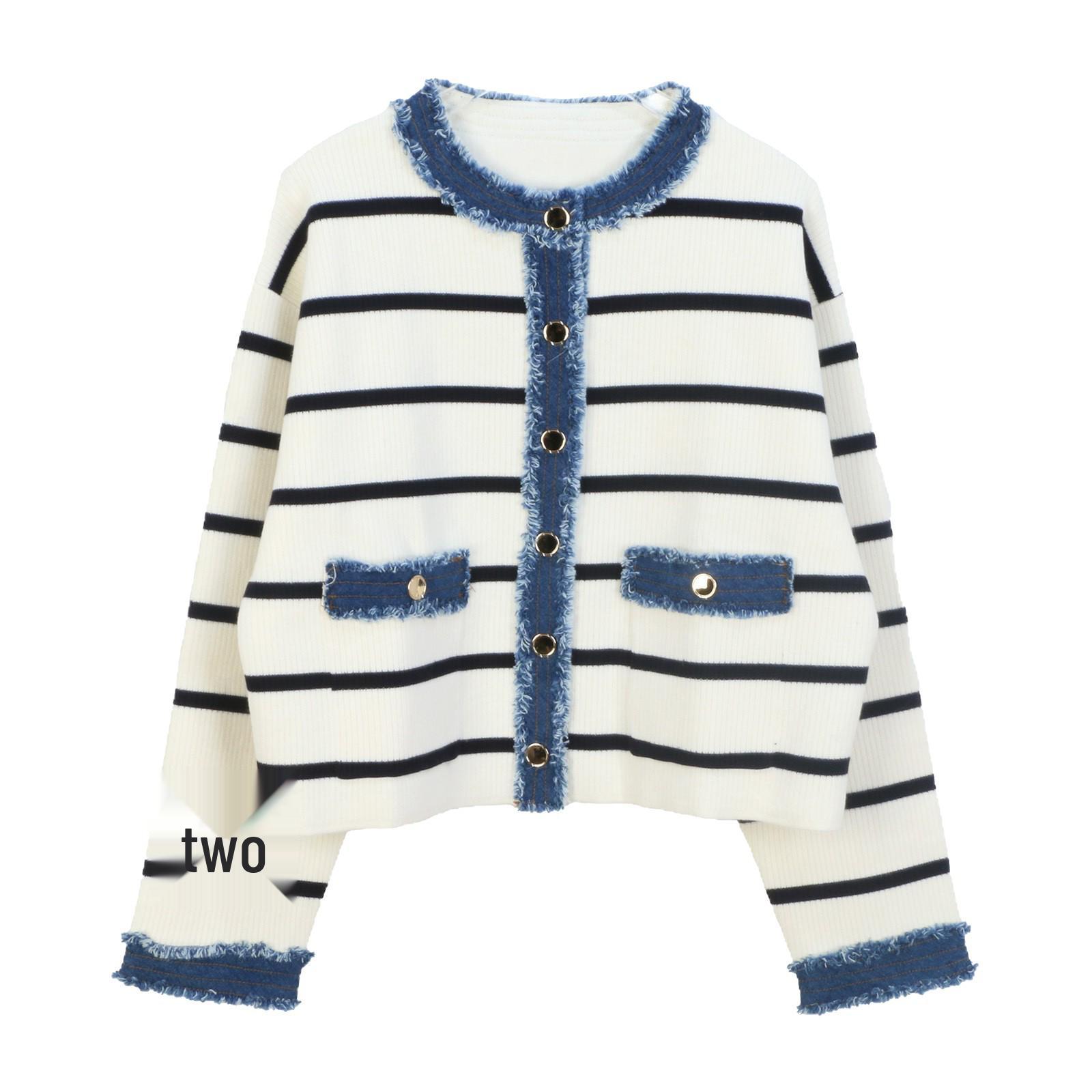 

M Семейный Французский Леди Джинсовый Пэчворк Полосатый Вязаный Кардиган - Маленький Ароматный Женский Жакет M