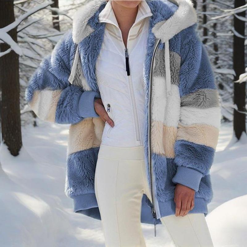 Warm plush patchwork zipper pocket hooded loose jacket