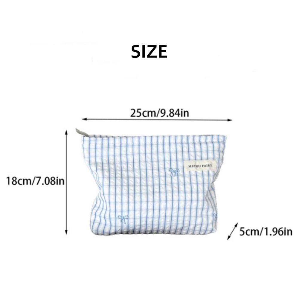 Blue and White Striped Bow Embroidered Makeup Bag, Zippered Storage Bag, Portable Travel Cosmetics and Skincare Storage Bag