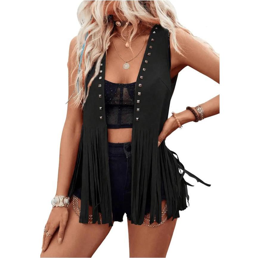 Women Vintage Sleeveless Faux Suede Fringe Vest Rivets Leather Western Boho Tassel Jacket Open Front Hippie Cardigan 2025