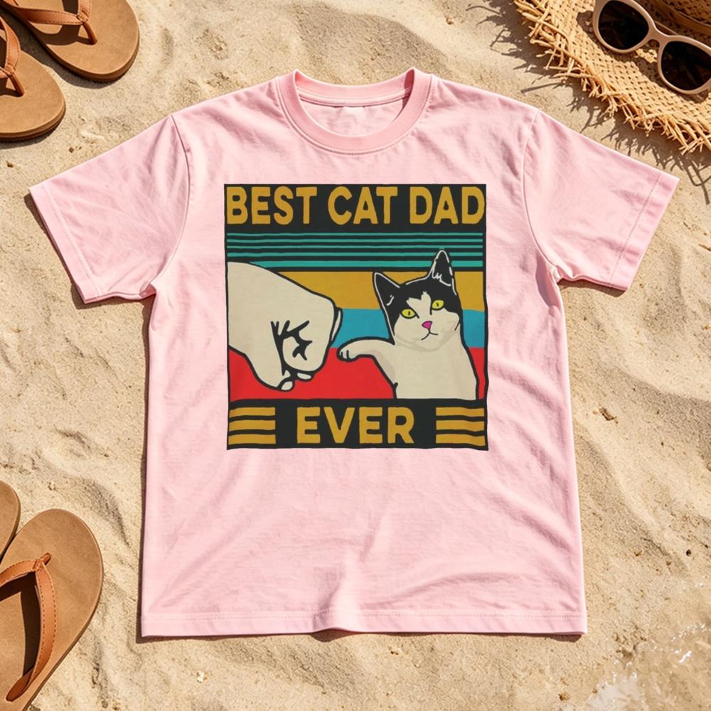 Best Cat Dad Ever Fist Bump Retro Stripe Design Unisex Cotton T Shirt Holiday Leisure Vibe Summer Clothing Gift Cat Lovers