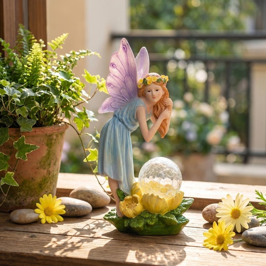 Estatua de Jardín de Hadas Alimentada por Energía Solar Resina Miniatura Adorno de Paisaje Figura Decorativa Exterior con Luz LED para Patio Terraza Césped