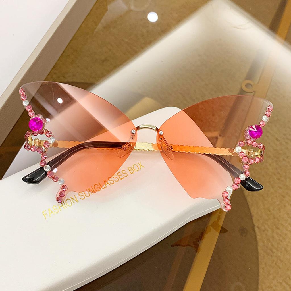 Butterfly Glasses Women Rimless Sunglasses Small Face Diamond Butterfly Sunglasses Rhinestone Bling Sunglasses Cat-Eye