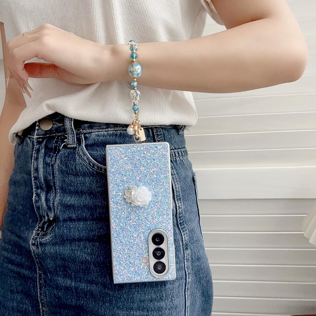 Phantom glitter white rose mobile phone case is suitable for Samsung Z FOLD7/6/5th generation portable bead chain anti-drop folding case