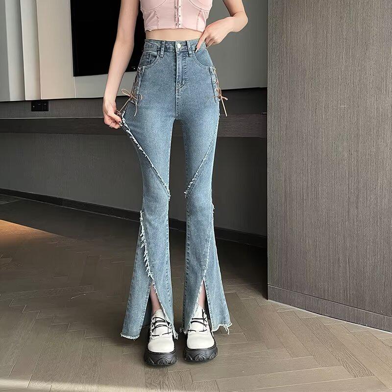 

Women s High Waist Lace-Up Flare Jeans - Retro, Slim Fit, Elastic, Micro Flared L синій