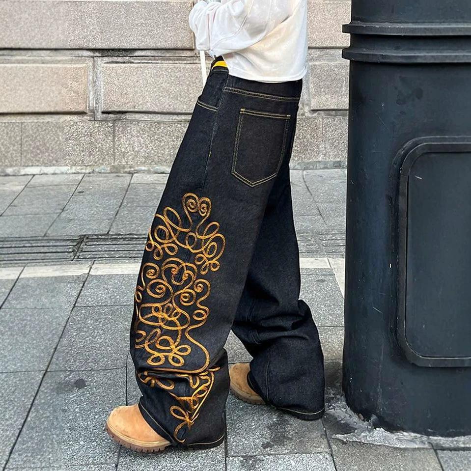 American Retro Personalized Design Embroidered Washed Loose Denim Men's Trend Brand Casual Straight-leg Pants