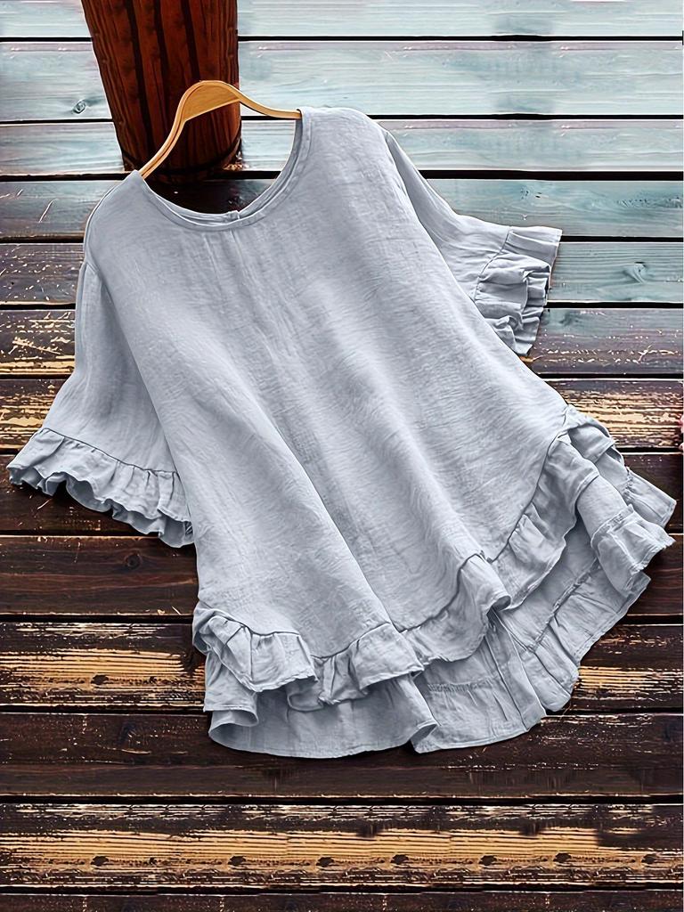 2024 Solid Color Ruffle Round Neck Short Sleeve Button Women's Shirt