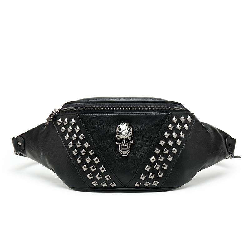 Chest Bag for Women Crossbody Punk Style Rivet Skull Waist Bag Women Black Fanny Pack Leather Great Quality чёрный