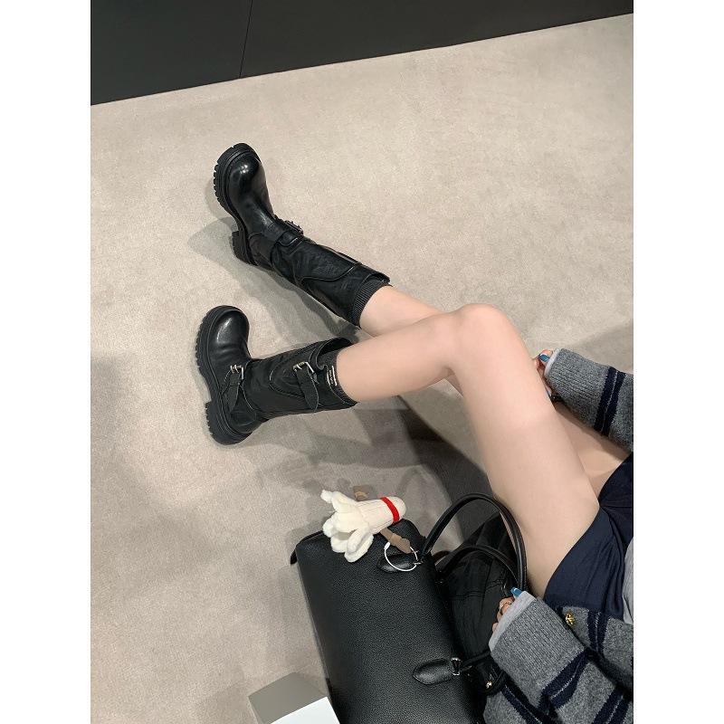 Cowhide grape ma medium boots washed horse leather Kusa round head buckle with thick-soled knight boots women's slim locomotive boots