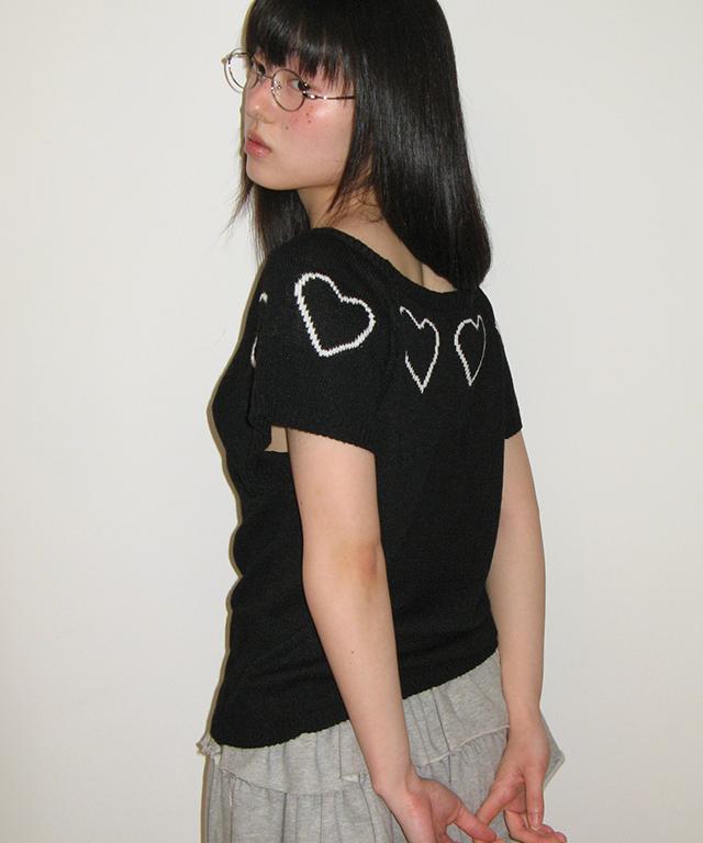 RONRON Heart Line Short Sleeve Knit Black