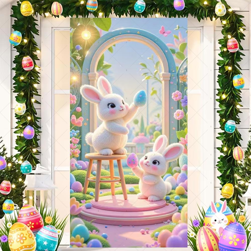 Happy Easter Cute Bunny Door Cover Backdrop Spring Garden Floral Easter Egg Background Easter Party Decoration Photo Shoot Props