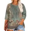 Women's Print Round Neck Plus Size Tops 3/4 Sleeves Elegant Shirt Tops