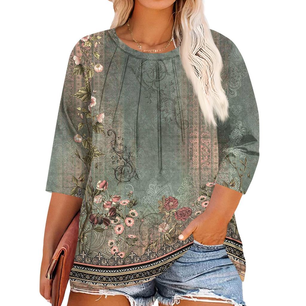 Women's Print Round Neck Plus Size Tops 3/4 Sleeves Elegant Shirt Tops
