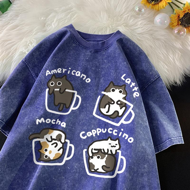 Cat Coffee Pure Cotton Trendy Summer Loose Short Sleeved T-shirt Men Women Mocha Latte Cat Vintage Water Washing Fun Cat Tees